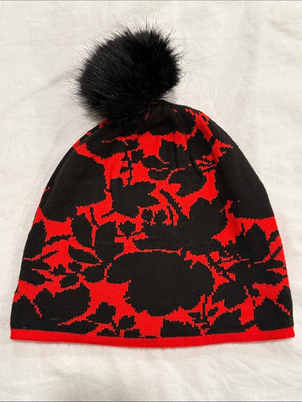 Vera Bradley Black & Red Knit Beanie with Black Faux Fur Pom Pom